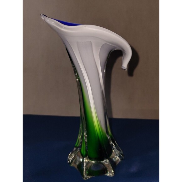 Murano Jack in the Pulpit Encased Glass Vase Handblown Blue White Green Swirl - Picture 4 of 16